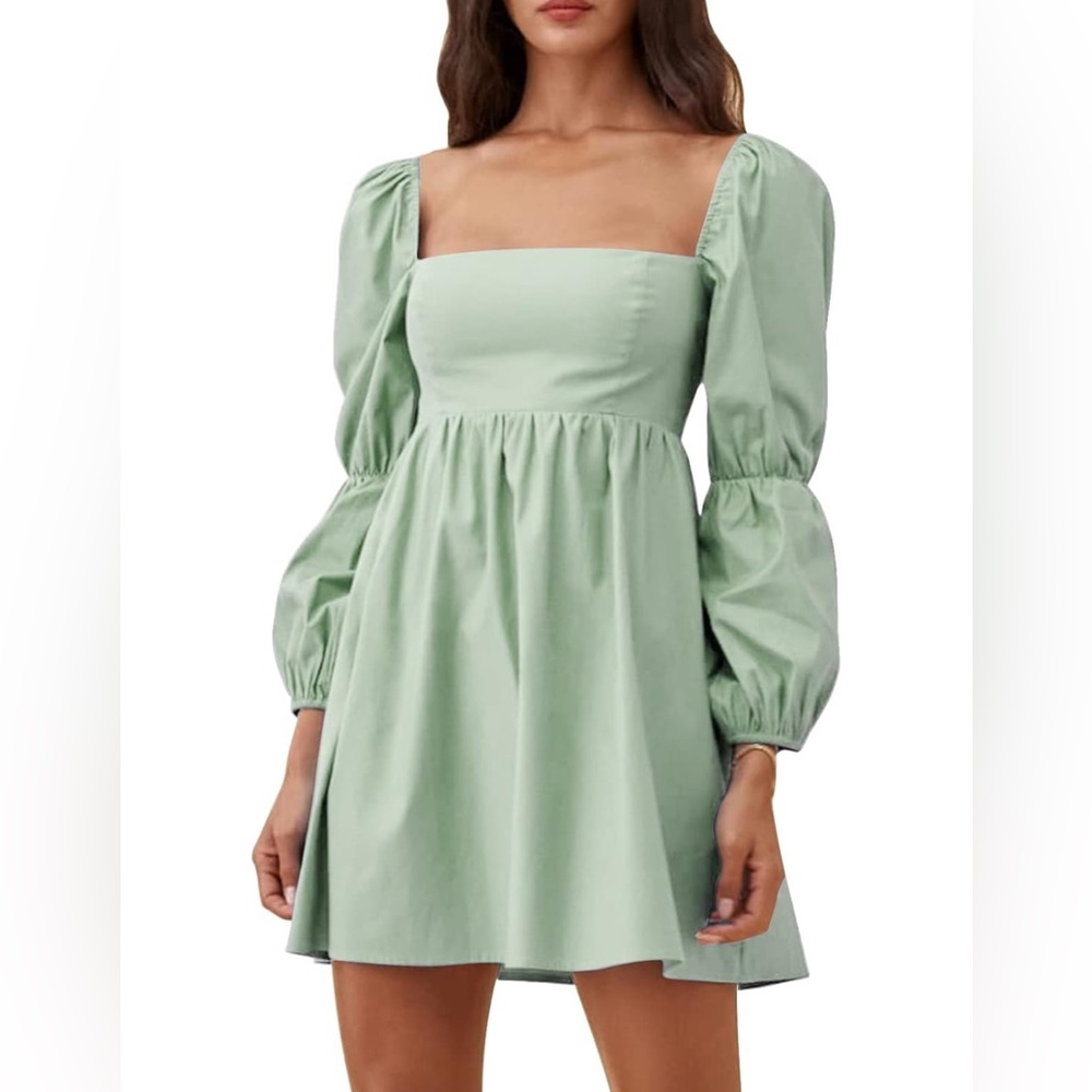EXLURA Square Neck Dress Long Puff Sleeve Mini Dress